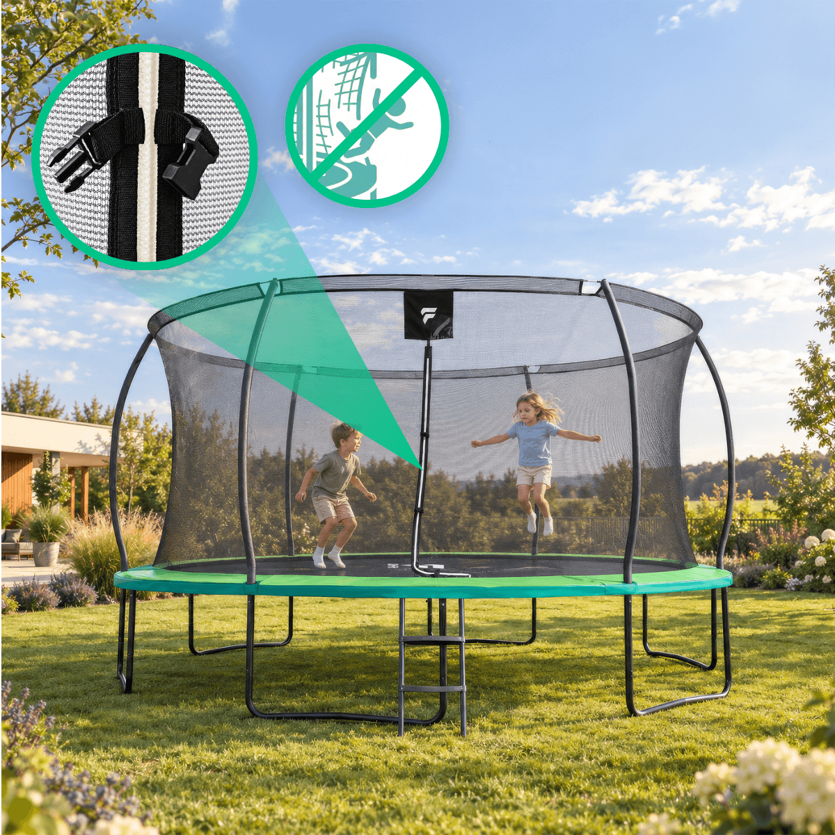 Trampolina ogrodowa dla dzieci 14 FT / 427 cm Kangaroo PRO DrFit z siatką i drabinką 2._cechy_DF-TR-KO-14FT1