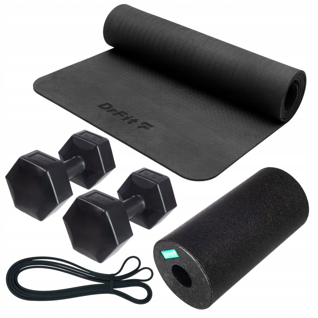 czarny zestaw hantle, mata, guma oporowa, roller do rolowania