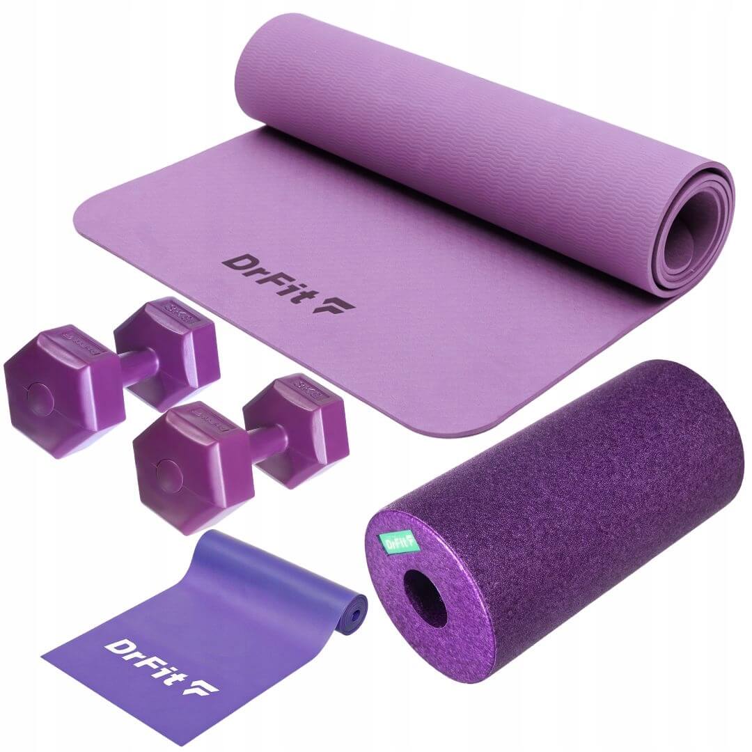 zestaw hantle, mata, guma oporowa, roller do rolowania