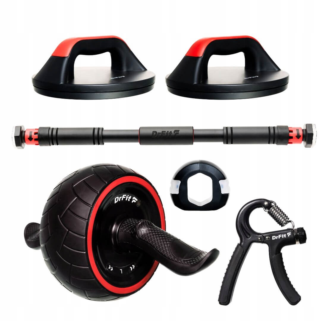 Zestaw DrFit 5-elementowy drążek, podpórki rotacyjne, trenażer szczęki, drążek, handgrip – trening siły, stabilizacji i chwytu w domu 7
