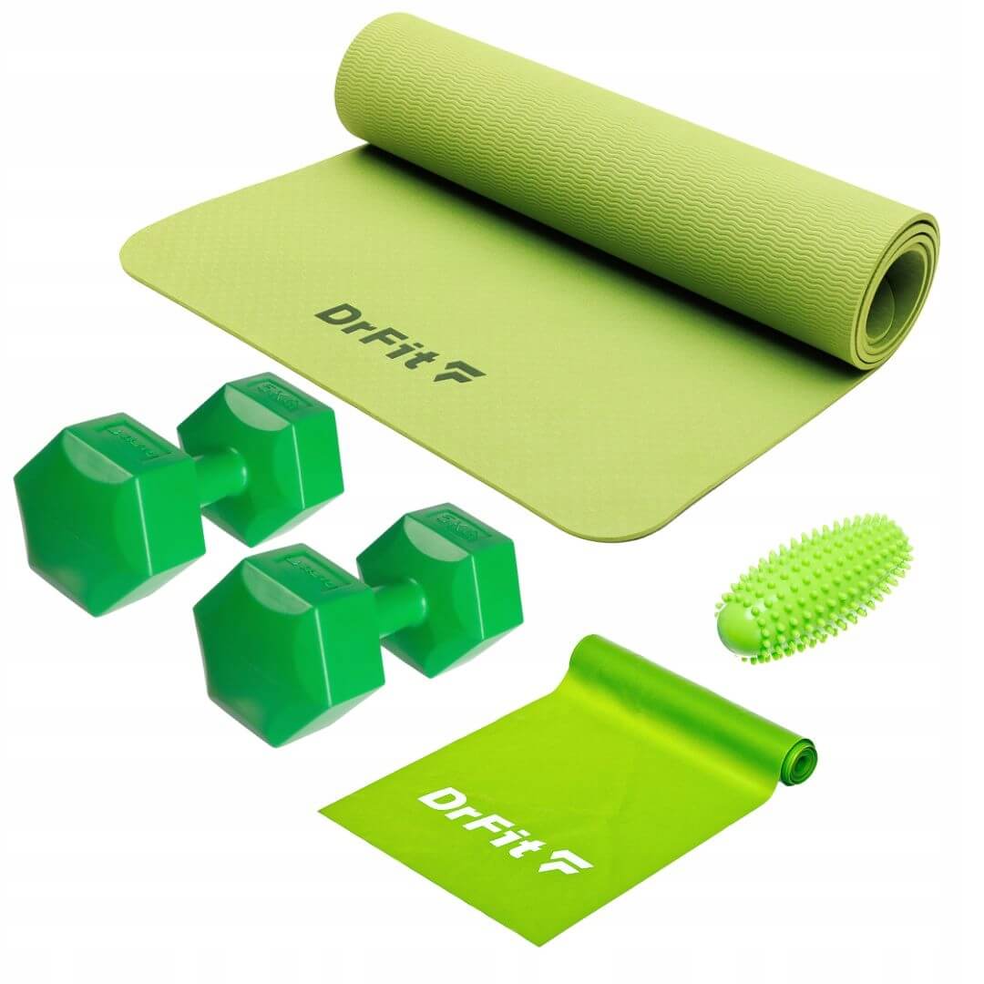 zestaw hantle, mata, guma oporowa, roller do rolowania