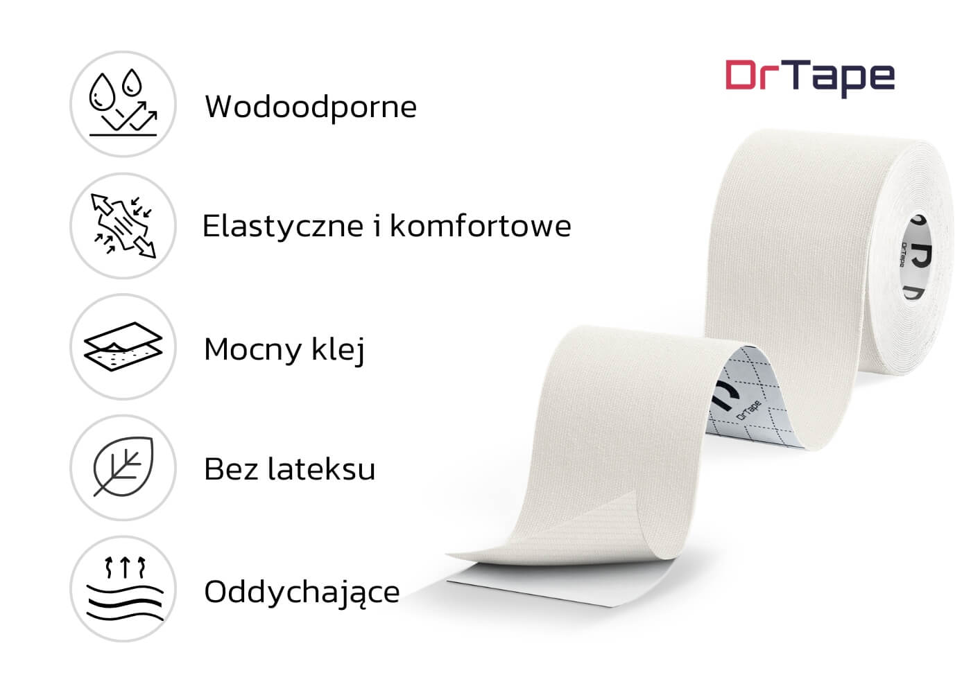 DrTape mocna wodoodporna taśma do tejpingu 5cm x 5m biała