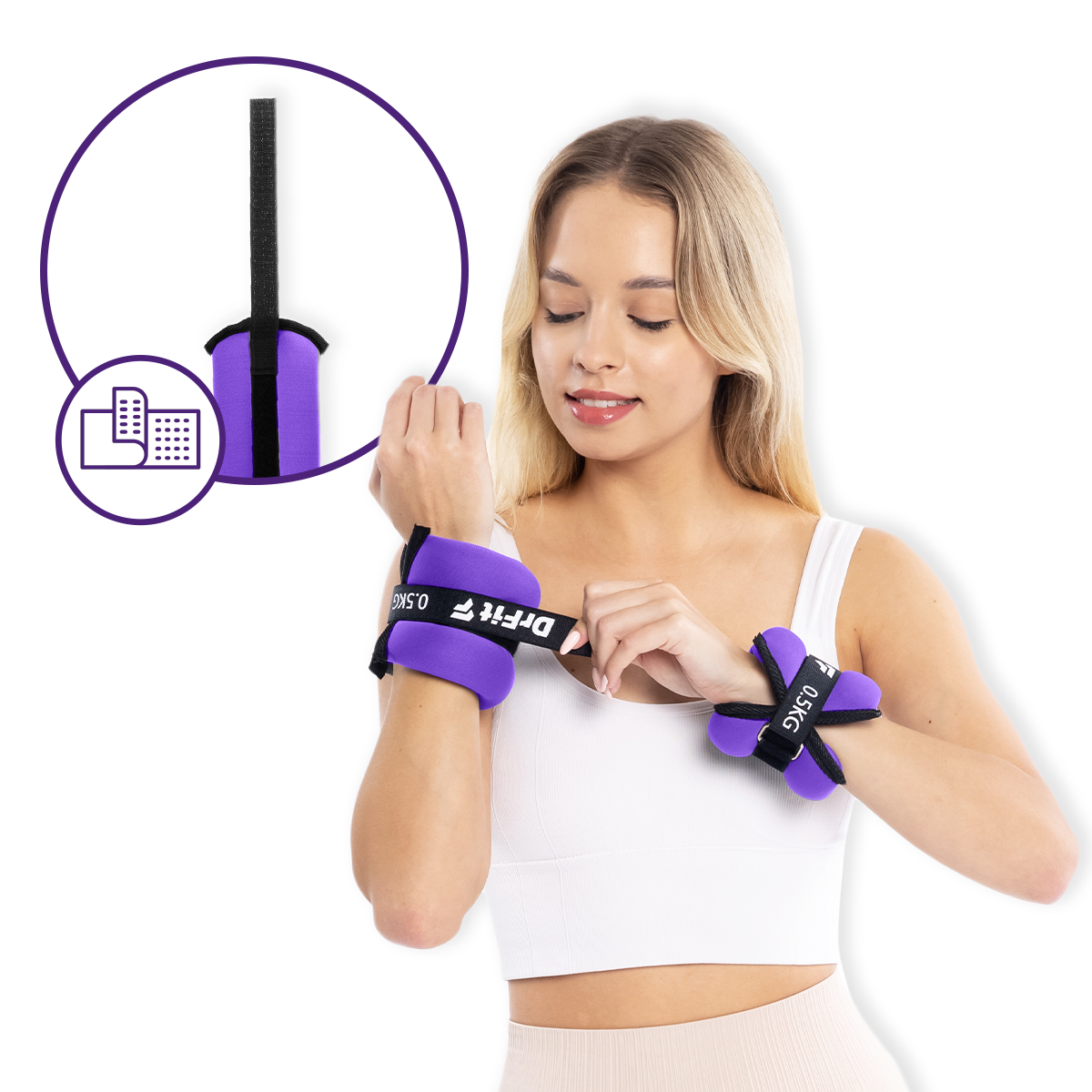 DrFit obciążniki do ćwiczeń na kostki i nadgarstki 1 kg (para) fioletowe  opis_-_fioletowy_DF_AW-N-001-4_1